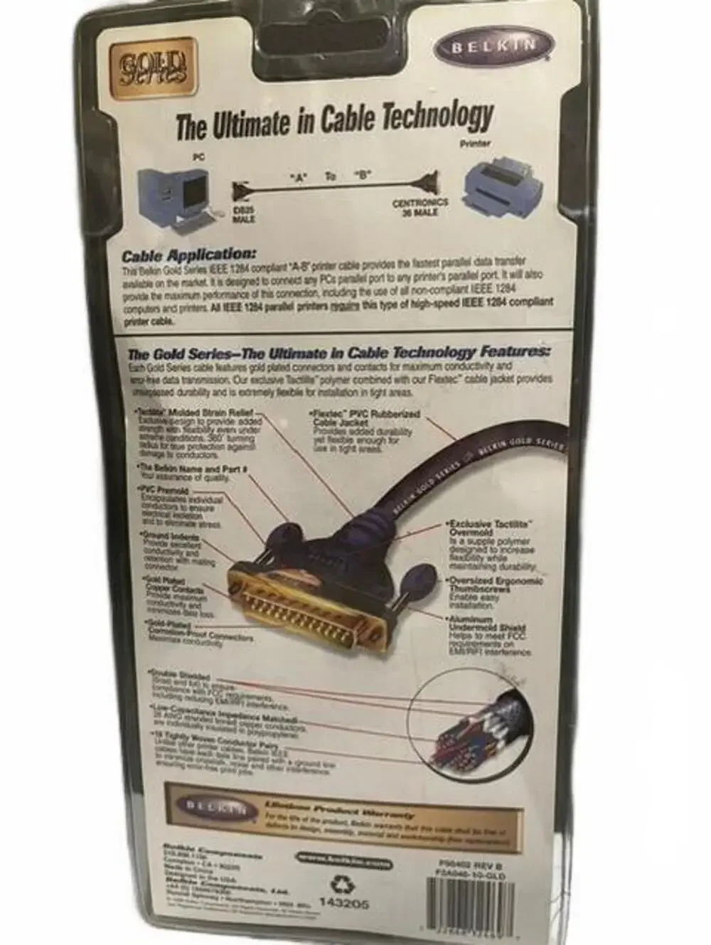 Belkin Gold Series IEEE 1284 Printer Cable 10ft DB25 to Centronics 36 NIP